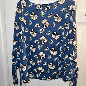 Ann Taylor Blue Floral Long-Sleeve Top with Cream & Brown Accents